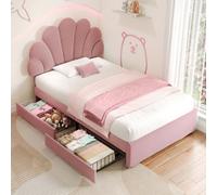Btm Single Upholstered Bed Petal Headboard Velvet Frame 2 Storage Drawers Wood Slat Pink Easy Assembly