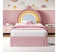 Btm Single Upholstered Bed Rainbow Headboard Velvet Bed Frame Storage Drawer Crown Pink Easy Assembly