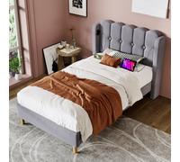 Btm Single Upholstered Bed Usb Type C Charging Linen Frame 3Ft 90X190Cm Teen Bed Grey No Mattress
