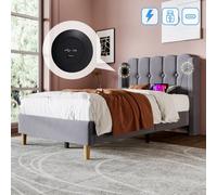 Btm Single Upholstered Bed With Usb Type C Charging Linen Frame 3Ft 90X190Cm Teen Bed Grey No Mattress