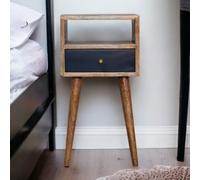 Btm Solid Wood Mini Navy Blue Hand Painted Bedside, 1 Drawer And Open Shelf, Light Brown