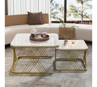 BTM Square nesting coffee table set with gold frame marble top in White BTM White