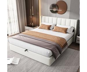 Btm Super King 6Ft Led Upholstered Bed With Hydraulic Lift Storage Usb Charging Adjustable Headboard White