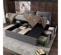 Btm Super King Upholstered Bed 6Ft With Hydraulic Lift Three Storage Drawers Velvet Frame Headboard Grey