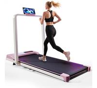 BTM Treadmill for Home, 1-10 km/h Running Machine, Foldable Treadmill with Handrail & Adjustable Incline, LED Display, Phone Holder, Remote Control, Transport Wheels & Plug, Pink