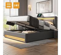 BTM Upholstered 135X190 Cm Double Bed, Usb Port (Wireless Wired), Led Lighting, Storage, Gray, No Mattress