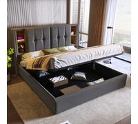 BTM Upholstered 135X190 Cm Double Bed, Wireless Charging (Usb Typec), Hydraulic Storage, Linen Fabric, Grey, No Mattress