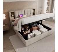 BTM Upholstered 135X190 Cm Double Bed, Wireless Charging (Usb Typec), Hydraulic Storage, Linen, Natural, No Mattress