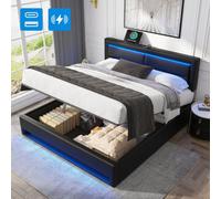 Btm Upholstered 150X200 Cm King Size Bed, Usb Port (Wireless Wired), Led Lighting, Storage, Black, No Mattress