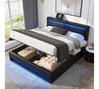 BTM Upholstered 150X200 Cm King Size Bed, Usb Port (Wireless Wired), Led Lighting, Storage, Black, No Mattress