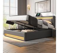 BTM Upholstered 150X200 Cm King Size Bed, Usb Port (Wireless Wired), Led Lighting, Storage, Gray, No Mattress