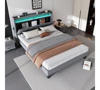 Btm Upholstered 4Ft6 Double Bed 135X190Cm, Lower Flap Storage, Led Strip, 3 Usb + 1 Type C Ports, Velvet, Grey