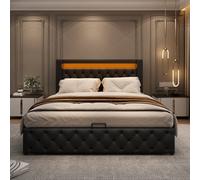 BTM Upholstered Bed 135 X 190 Cm Functional Bed With Slatted Frame And Storage Space, Led Lighting In Different Colors, Black, Pu