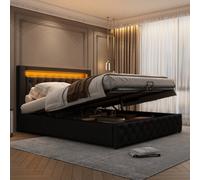 BTM Upholstered Bed 135 X 190 Cm Functional Bed With Slatted Frame And Storage Space, Led Lighting In Different Colors, Black, Pu