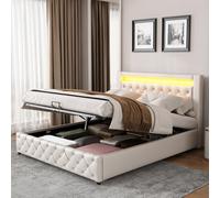 Btm Upholstered Bed 135 X 190 Cm Functional Bed With Slatted Frame And Storage Space, Led Lighting In Different Colors, White, Pu