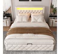 BTM Upholstered Bed 135 X 190 Cm Functional Bed With Slatted Frame And Storage Space, Led Lighting In Different Colors, White, Pu