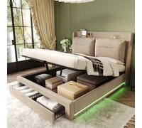 BTM Upholstered Bed 135X190 4Ft6 Double Bed Hydraulic 2-In-1 Storage Drawers Led Light Strips Slatted Frame Velvet Beige