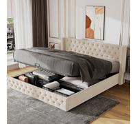 BTM Upholstered Bed, 135X190, With Hydraulic Lever, Functional Bed From Storage,velvet, Beige