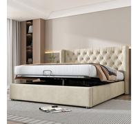 BTM Upholstered Bed 135X190Cm Hydraulic Storage Bed Without Mattress Velvet Beige