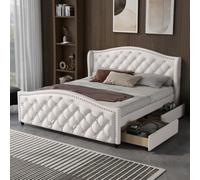 BTM Upholstered Bed 135X190Cm Slatted Frame 2 Drawers Headboard Rivets Faux Leather White
