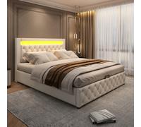BTM Upholstered Bed 150 X 200 Cm Functional Bed With Slatted Frame And Storage Space, Led Lighting In Different Colors, White, Pu