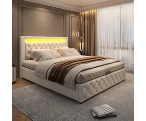 BTM Upholstered Bed 150 X 200 Cm Functional Bed With Slatted Frame And Storage Space, Led Lighting In Different Colors, White, Pu