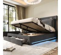 BTM Upholstered Bed 150X200 5Ft King Size Bed Hydraulic 2-In-1 Storage Drawers Led Light Strips Slatted Frame Velvet Dark Gray