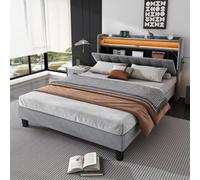 BTM Upholstered Bed, 4Ft6 Double Bed 135X190Cm, Lower Flap Storage, Led Light Strip, 3 Usb + 1 Type C, Velvet, Grey