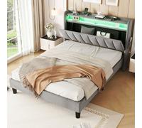 Btm Upholstered Bed 4Ft6 Double Bed 135X190Cm With Lower Storage Led Light 3 Usb Ports Type C Velvet Grey For Adults And Teenagers