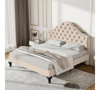Btm Upholstered Bed 4Ft6 Slatted Frame Headboard Height Adjustable Youth Bed Velvet Beige