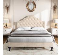 BTM Upholstered Bed 4Ft6 Slatted Frame Headboard Height-Adjustable Youth Bed Velvet Beige