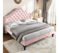 Btm Upholstered Bed 4Ft6 Slatted Frame Headboard Height-Adjustable Youth Bed Velvet Pink