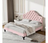 Btm Upholstered Bed 4Ft6 Slatted Frame Headboard Height Adjustable Youth Bed Velvet Pink