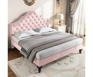 Btm Upholstered Bed 4Ft6 Slatted Frame Headboard Height-Adjustable Youth Bed Velvet Pink