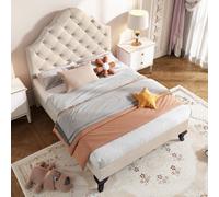 BTM Upholstered Bed 90X190 Slatted Frame Headboard Height-Adjustable Youth Bed Velvet Beige