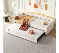 BTM Upholstered Bed 90X190Cm, Daybed With Rgb Led Lighting, 3Ft Petal Shape Single Bed With Trundle, Velvet, Beige