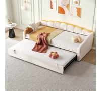 Btm Upholstered Bed 90X190Cm, Daybed With Rgb Led Lighting, 3Ft Petal Shape Single Bed With Trundle, Velvet, Beige