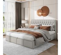 BTM Upholstered Bed Double Bed 4Ft6 135X190 Cm Hydraulic Lever Storage Bed Rivet Decoration Without Mattress Linen Light Grey