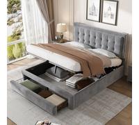 BTM Upholstered Bed Double Bed 4Ft6 135X190 Cm Velvet Fabric Large Storage Slats Headboard Without Mattress Grey