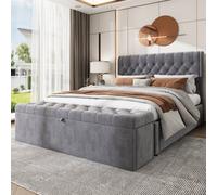 Btm Upholstered Bed Double Bed 4Ft6 135X190 Cm With Bench 135X41X42 Cm Hydraulic Lever Storage Bed Rivet Linen Grey