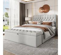 BTM Upholstered Bed Double Bed 4Ft6 135X190 Cm With Bench 135X41X42 Cm Hydraulic Lever Storage Bed Rivet Velvet Light Grey