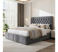 BTM Upholstered bed, functional storage bed, rivet decoration, velvet in Grey | Size: Double BTM Grey Double