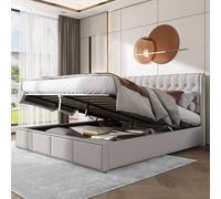 BTM Upholstered bed, functional storage bed, rivet decoration, velvet in Light Grey | Size: Super King BTM Light Grey Super King