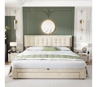 BTM Upholstered Bed King Size 5Ft 150X200 Cm Velvet Fabric Large Storage Slats Headboard Without Mattress Cream