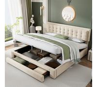 Btm Upholstered Bed King Size 5Ft 150X200 Cm Velvet Fabric Large Storage Slats Headboard Without Mattress Cream