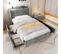 BTM Upholstered Bed, Storage Bed, 3Ft Single Bed (90X190Cm), With 4 Drawers And Lamp, 3 Usb Ports + 1 Type C, Velvet, Grey
