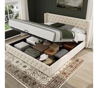 Btm Upholstered Bed, With Hydraulic Lever, Functional Bed From Storage, 150 X 200 Cm, Without Mattress, Velvet, Beige