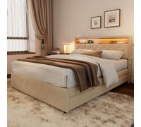 BTM Upholstered Double Bed 4Ft6 135X190 Cm Led Light Bed Bedside Pocket 4 Storage Drawers Slatted Frame Linen Beige