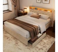 BTM Upholstered Double Bed 4Ft6 135X190 Cm Led Light Bed Bedside Pocket 4 Storage Drawers Slatted Frame Linen Beige