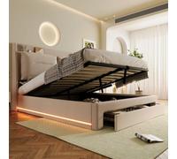 Btm Upholstered Double Bed 4Ft6 135X190 Velvet With Hydraulic Storage Drawers Led Lights Slatted Frame Beige